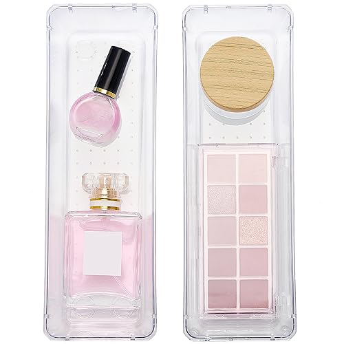 HOUSE DAY Desk Drawer Organizer Bins 4 PCS, 9*3*2" Clear Drawer Organizers with Silicone Pads, Vanity Organizers and Storage, Non Slip Plastic Drawer Organizer for Makeup, Bathroom, Kitchen, Office - size: 4 Pack -9x3x2''