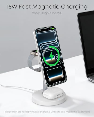 3 in 1 Magnetic Wireless Charging Station, 15W Fast Charger Stand for iPhone, Phone Charger Stand for Desk Nightstand, Compatible with iPhone 17/16/15/14, Apple Watch & AirPods, Adapter Not Included - color: White