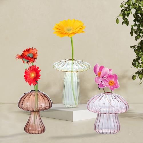 Glass Mushroom Vase, Mini Mushroom Vase, Flower vase, Creative Mushroom Glass Vase Plant Hydroponic Art Plant Table Vase (4 Color)