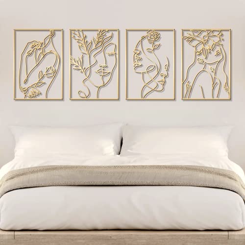 Glamativity 4 Pack Gold Wall Art Decor, Female Flower Face Lover Minimalist Décor Single Line Art Wall Décor, Real Metal Wall Art, Woman's Body Shape Abstract Wall Art, for Kitchen Bedroom Living Room (Gold Floral Lady Style, M Size 17 x 11.8'') - color: