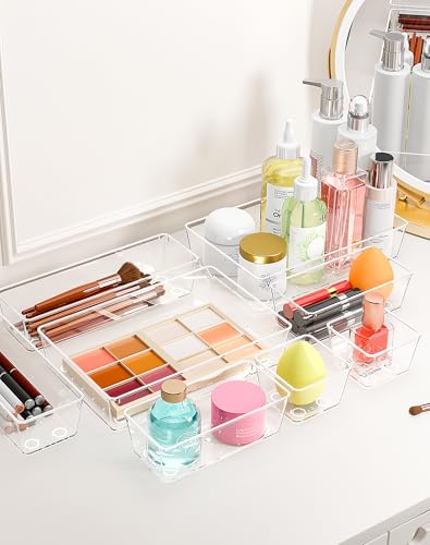 55Pcs Clear Plastic Drawer Organizers Set, 4size makeup drawer organizer trays for vanity,desk,bathroom,office,nightstand,gadgets for kitchen drawer, Versatile drawer divider storage bins - size: S55(3-8-16-28)