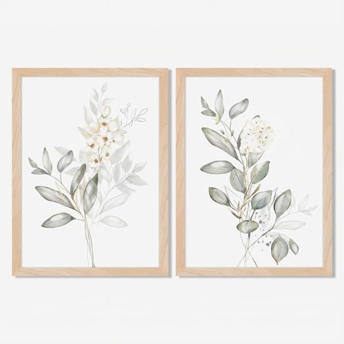 Framed Botanical Wall Art Set of 2 Minimalist Floral Canvas Prints with Solid Wood Frame & Acrylic Cover, Neutral Green Nature Watercolor Leaf Boho Plan Paintings for Living Room Bedroom Home Decor 12x16IN - color: White Floral Framed, size: 16"L x 12"W