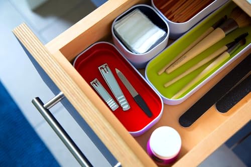 Three by Three Seattle 5 Piece Shallow Metal Organizer Tray Set for Storing Makeup, Stationery, Utensils, and More in Office Desk, Kitchen and Bathroom Drawers (1 Inch, Assorted Colors) - color: Assorted Colors, size: 5 Piece