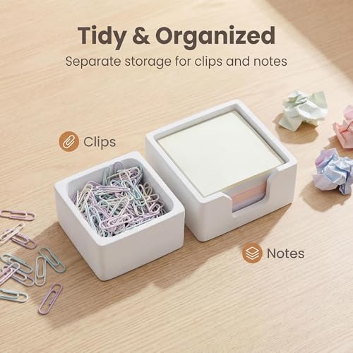 Concrete Desk Organizer Set of 2 - Minimalist Sticky Note Holder & Paper Clip Dispenser - Heavy Duty Office Desk Accessories with Non-Slip Base for Home Workspace Organizer & Desk Decor, White - color: White