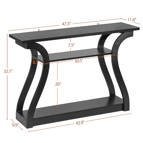 SUPER DEAL Wood Console Table 3 Tier Narrow Entryway Table with Curved Frame and 2 Open Storage Shelves Accent Sofa Table for Hallway Living Room Bedroom, 47 in Black - color: Black
