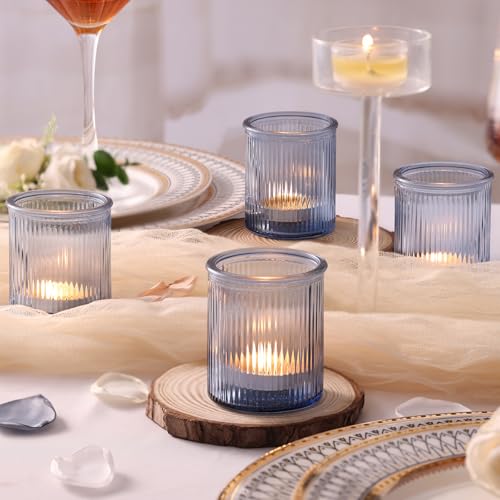 NITIME 32Pcs Ribbed Blue Votive Candle Holders, Tea Light Candle Holders for Table Centerpiece, Blue Candle Holders for Wedding Decor,Home and Holiday Decor - color: Blue