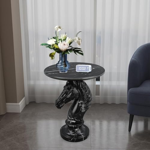Modern Accent Table Living Room Horse Statue Black Contemporary‌ Faux Marble Night Stand Side Table with Horse Head Base Reception Area & Bedroom（Width 19.69" ——Tall 24.8"） - style: Black gold striped personalized horse head table
