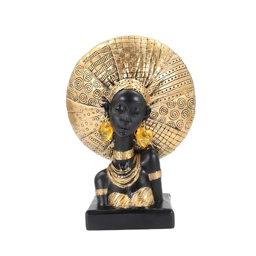 African Lady Bust Statue with Golden Headwrap – Resin Tribal Woman Sculpture for Home Decor, Black and Gold Figurine for Shelf, Table, Office, Living Room, Gifts for Women - color: 316gold
