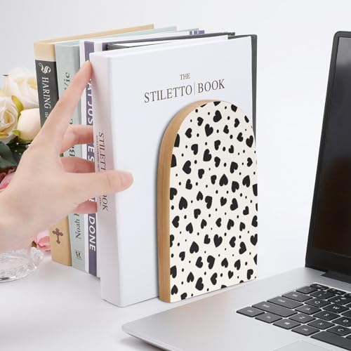 Wooden Bookends 2 Pcs,Black Hearts and Cute Dots Heavy Duty Office Book Ends Anti Slip Book Shelf Holder with Metal Base Decorative Book Stands - color: Black Hearts and Cute Dots