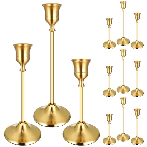 12PCS Brass Gold Taper Candle Holders Set, Vintage Metal Candlestick Holders for Table Centerpiece, Wedding Reception, Festive Christmas Mantel DecorationGold - color: Gold - 4 Sets (12 Pcs)