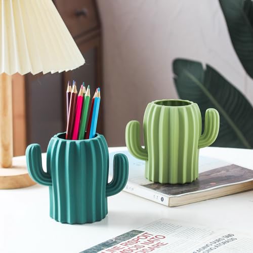 Silicone Pen Holder Cactus Pencil Holder Cute Pens Cup for Desk for Kids Office Decor Desk Accessories Pen Pot Desk Organizer (Dark Green,2 Pack) - color: Dark Green,2 Pack