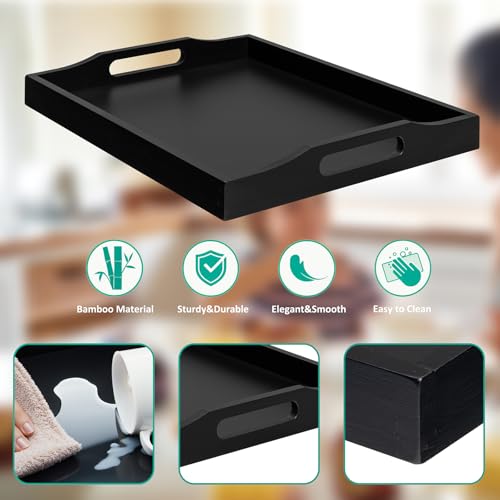 Bamboo Food Serving Tray with Handles, Breakfast Bed Tray for Tea,Snack,Dinner, Home Decorative Storage Food, Platter, Ottoman for Kitchen Counter, Bathroom, Restaurant (Black) - color: Black
