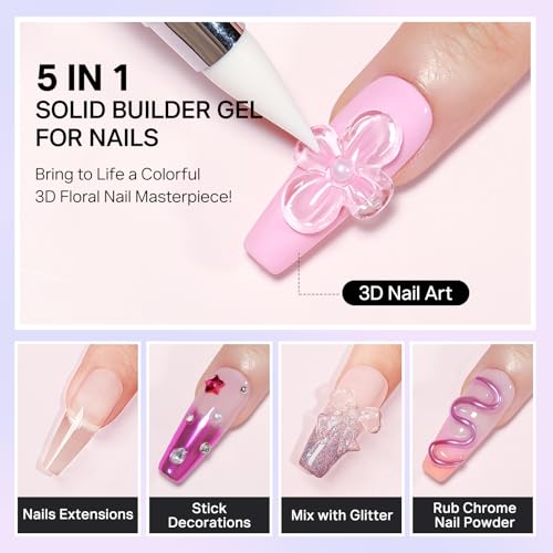 MIZHSE 3D Gel Nail Art Sculpting Gel, 60g Large Capacity Non-Sticky Clear Solid Builder Gels for Nails, Molding Hard Gels for Nail Art Charms, U V LED, with Gold Chrome Powder & Silicone Flower Mold - color: 0-0-Clear