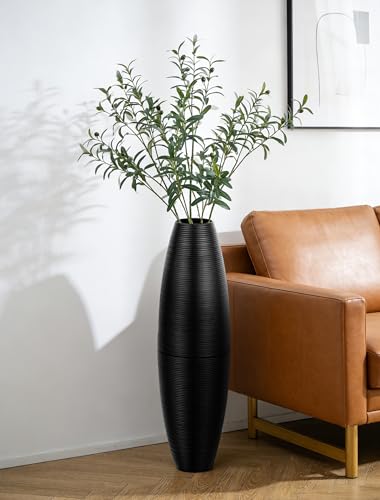 Sziqiqi Black Tall Floor Vases: 27.5in Metal Extra Large Decorative Vase for Pampas Grass Fake Plant Dried Flowers - Detachable Ribbed Big Standing Vase for Living Room Indoor Fireplace Home Decor