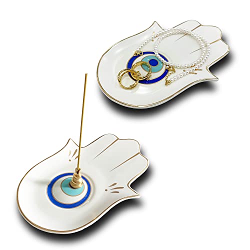 Ceramic Hamsa Hand Incense Holder - 2 in 1 Brass Incense Holder for Sticks and Coil Incense- Zen Decor with Hand of Fatima Design Protection from Evil - 6.2" L X 4.5" W (WhiteEye) - color: Whiteeye