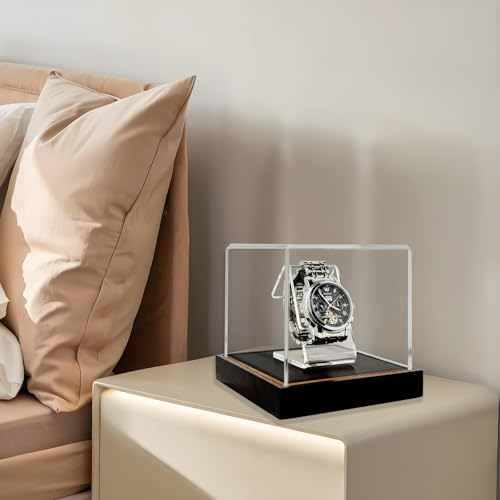 Single Watch Display Case, 3mm Clear Acrylic Watch Box with Solid Wood Base, Built-in Holder, No Assembly Required - Luxury Watch Holder for Men & Women (4.25" W x 4.25" D x 3.85" H) - size: Display Case (No LED) For 1 Watch