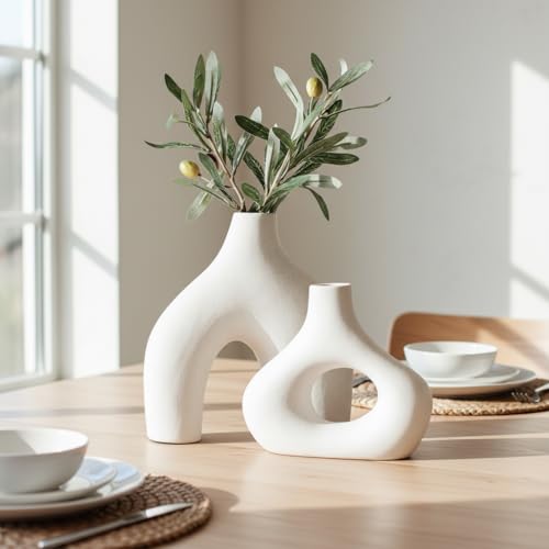 Carrot's Den Donut Vase, Set of 2 - White Large Ceramic Vase - Minimalist Nordic, Hollow | Table Centerpiece, Olive Plant, Wedding, Living Room, Bookshelf, Office, Modern Home, Entryway, Console - color: Warm White