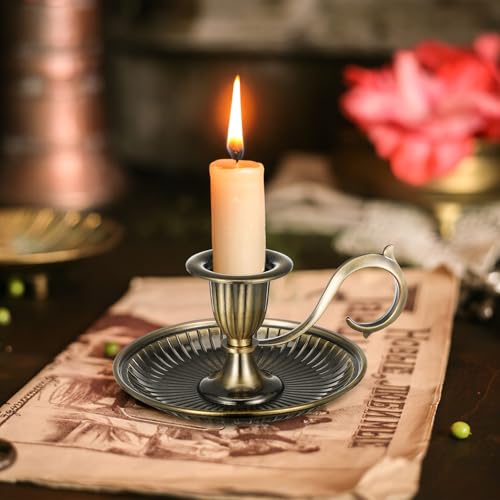 TOYANDONA Retro Taper Candle Holder with Handle Vintage Brass Candlestick Tabletop Candle Stand for Wedding Christmas Thanksgiving Party Decor 4.52X4.52X2.55In