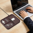 VOVIPO Faux Leather Valet Tray,with 2 in 1 Wireless Charging Compitable With iPhone/17/16/15/15 Plus/15 Pro/15 Pro Max/14/13/12/Wireless earphones,Office/Home Desk Organizers Tray-Brown - color: Brown