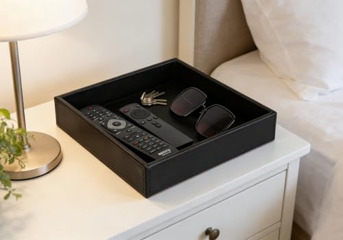 HofferRuffer Faux Leather Vanity Tray, Elegant Desktop Storage Organizer, Decorative Catchall for Perfume, Bathroom Valet, Nightstand or Dresser, 10 x 10 x 1.8 inches (Black) - color: Black, size: 10" x 10" x 1.8"