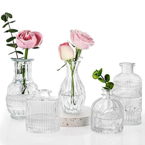 Fixwal Set of 5 Bud Vases, Small Vase for Flowers, Glass Vase for Home Decor, Wedding Decorations, Clear Flower Vases for Centerpieces, Vintage Vase for Home Decor - color: Clear, size: 5pcs