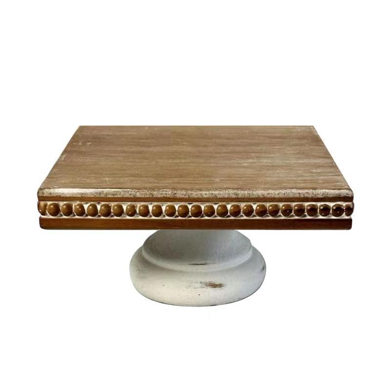 dwellington White Wash Display Wood Riser, 8.25 inch Shabby Chic Pedestal Tray Decor with Beads, Farmhouse Display Stands for Coffee Bar, Bathroom, Kitchen Island (Square)
