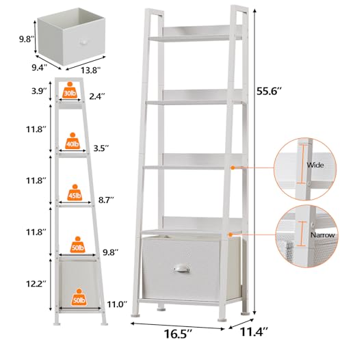 Furologee 5-Tier White Ladder Shelf, Ladder Bookshelf with Removable Drawer, Mordern Bookcase Storage Rack Organizer, Wood Metal Freestanding Storage Shelves for Living Room, Home Office, Bedroom - color: White, size: 5-Tier, 15" W