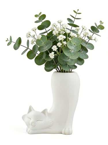 White Cat Flower Vase Dry Plants Pampas Vase Flower Pot Aesthetic Room Bathroom Decor Home Office Bookshelf Table Shelf Décor Unique Gifts Ideal Gifts for Women, Mom or Birthdays