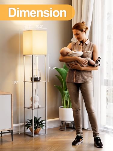 Floor Lamp with Shelves for Living Room 2 Pack Oak Gray, Shelf Floor Lamp with 3 CCT LED Bulb, Corner Display Standing Column Lamp Etagere Organizer Tower Nightstand with White Linen Shade for Bedroom - color: Oak Grey