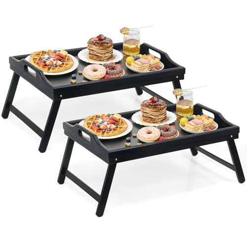2 Pack Bed Tray Table Breakfast Trays Serving Tray Bamboo Bed Laptap with Floding Legs Handles and Phone Holders - style: 2 pack(Black)