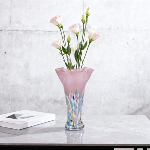 9.1H Murano Hand Blown Glass Vase, Ruffled Scalloped Rim Trumpet Shape, Wide Mouth Colorful Decorative Glass Vase, Sculptural Art Centerpiece for Living Room Table, Bathroom, Office Shelf (Blue-Pink) - color: Blue-pink