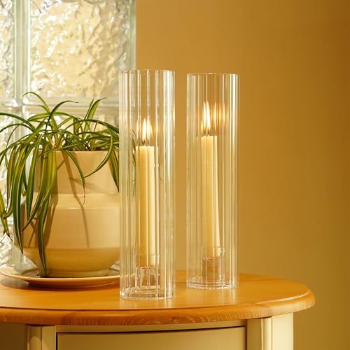 Hurricane Candle Holder Thickened Ribbed Cylinder Covers Taper Candle Sticks Holder Glass Tall Candlesticks Holders Centerpiece for Wedding Dining Table, 4 Pcs - color: Clear Ribbed