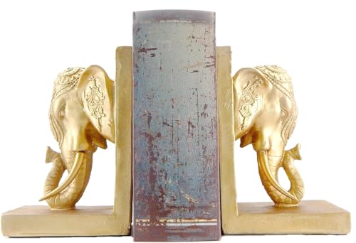 Bellaa 21817 Thai Elephant Bookends Pair - Antique Gold Polyresin 7 Inch Tall Decorative Bookshelf Decor