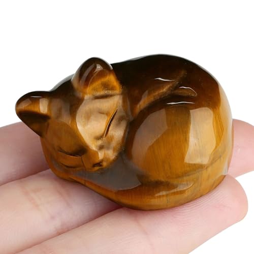 LAIDANLA Tiger Eye Cat Healing Crystals Figurine Sleeping Cat Hand Carved Cute Statue Polished Stone Sculpture Reiki Office Room Bedroom Desk Home Decoration Gifts 1.6" - color: I-tiger Eye
