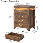 Nightstand with Hidden Compartment & Charging Station, Vintage Bedside Table with LED Lights, Night Stand with 4 Storage Drawers, Large Modern Nightstands Wood End Table for Living Room (Walnut)