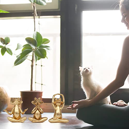 Suoedd Gold Frog Figurines Yoga Decor 3.7In Set of 3 –Frog Yoga Statues for Modern Living Room Desk Table Home Office Bookshelf Shelves Sculptures Decor,Gifts for Mom Women - color: Gold