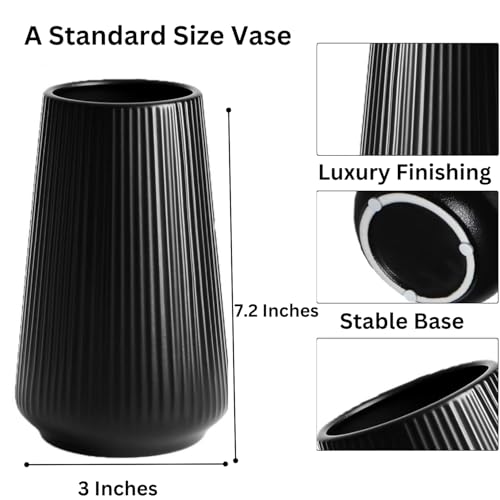 Luxury Black Ceramic Vase, Modern Ribbed Fluted Design, Flower Vase for Home Decor, Small Cute Vase for Pampas Grass, Living Room, Dining Table, Farmhouse, Office Decor, Bedroom, Table, Kitchen Shelf - size: Medium 7.2 Inches