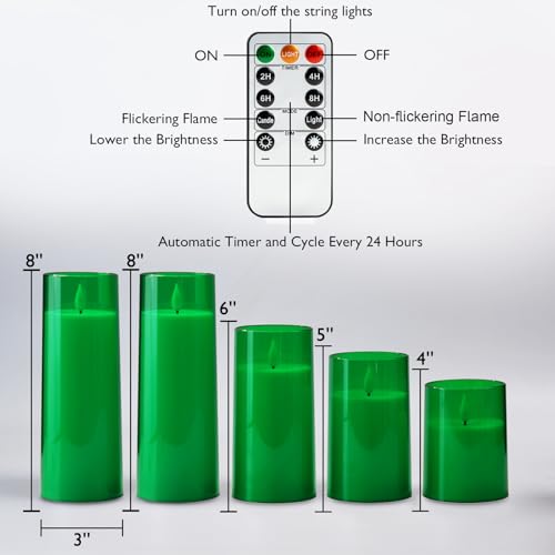 Homemory Green Flickering Flameless Candles, Battery Operated Acrylic LED Pillar Candles with Remote Control and Timer, Set of 5, St. Patrick's Day - color: Green