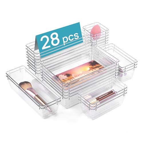 Vtopmart 28 PCS Clear Plastic Drawer Organizers Set, 4-Size Bathroom and Vanity Drawer Organizer Trays, Acrylic Storage Bins for Toiletries, Makeup, Cosmetic, Kitchen Utensils, Tool, Gadgets - style: 28 PCS