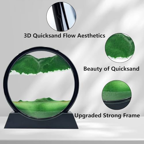 AzureLeap Moving Sand Art Liquid Motion, 3D Deep Sea Sandscape Color Quicksand Decor, Round Glass Moving Sand Art Picture Relaxing Desktop Home Office Work Decor (7 inch-Green) - color: Green, size: 7 inch