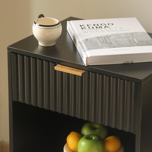 Fultyle Black Fluted Nightstand, Modern Bedside Table with Drawer and Opening Storage, End Side Table Living Room with Solid Wood Legs for Bedroom (Black) - color: Black
