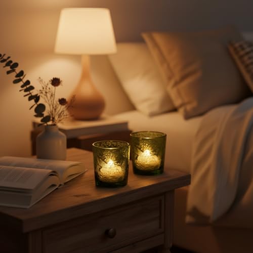 12 Pack Hummingbird Embossed Glass Candle Holders – Votive Tealight Holders with Patent Design, Decorative Embossed Glass Cups for Wedding Centerpieces, Parties, and Home Décor (Moss Green) - color: Moss Green