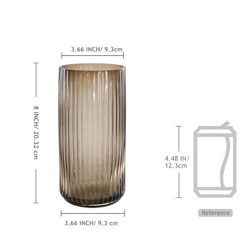 8 Inch Tall Ribbed Glass Vases for Flowers-Thick Amber Glass Flower Vase for Centerpieces Table, Shelves, Decorative Cylinder Vase for Home Decor, Living Room, Dining Room, Bathroom Vanity - color: Amber, size: Small - 8''H
