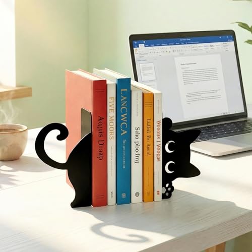 Sanwarm Metal Bookends Funny Black Cat Book Ends Decorative Bookend for Home Office Library Desk Book Shelves Decor, Gift for Reading Enthusiasts Non-Skid Book Stoppers Holder (1 Pair) - color: Cute Cat