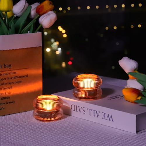Woho Ribbed Votive Candle Holders Set of 6 for Wedding Table, Amber Tealight Candle Holder Glass for Home Decor, Vintage Tea Lights Candle Holder for Thanksgiving/Fall Decor(Brown, 2.1" H X 2.75" D) - color: Brown