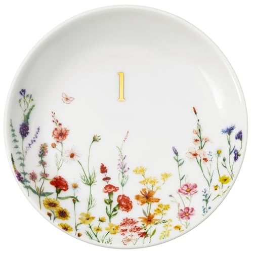 Crisky Initial Jewelry Tray Ring Dish & Gift Box, Ceramic Flower Trinket Dish for Rings Earrings Necklaces Keys, Bridal Shower Engagement Birthday Gift for Women, Friends 4.57" (Gold Foil L - style: Initial L