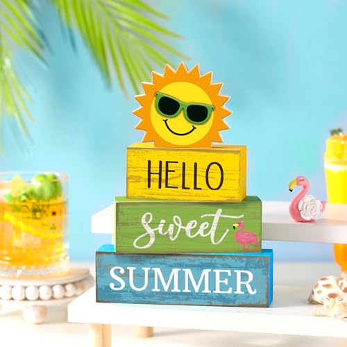 Yuntau 4 Pcs Summer Wooden Tabletop Decor Hello Sweet Summer Tiered Tray Decor Sunshine Centerpiece Rustic Summertime Decorative Block Signs Gift Farmhouse Table Decoration for Home Kitchen - style: Sunshine