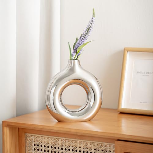 White and Gold Donut Vase, Modern Ceramic Vase for Pampas Grass, Perfect Centerpiece for Weddings, Living Room, and Office Decor (Full Silver, L) - color: Full Silver, size: Large