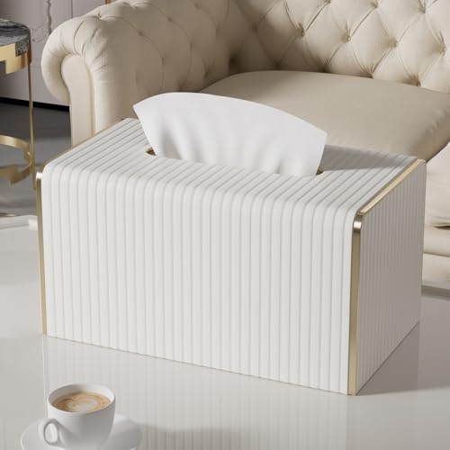 Extra Large Tissue Box Cover for Standard Size 180 to 230 Count Box of Tissues, PU Leather Rectangle Tissue Holder with Magnetic Closure， Gold-Tone Edging Decoration (Ivory) - color: Cream White, size: Rectangle Extra Height
