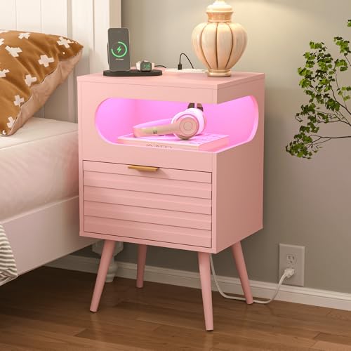 Veegle Nightstand,Modern Bedside Table with Storage Drawer and Open Wood Shelf, Accent Night Stand with Solid Wood Legs for Living Room, Bedroom and Small Spaces,Easy Assembly (Pink) - color: Pink